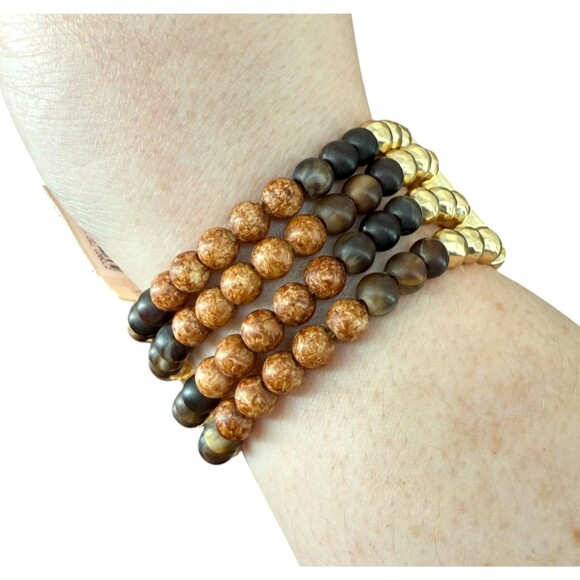 J. Jill Beaded Bracelet Stretch Wood Gold Tone Multi Strand Rustic Boho Earthy - Picture 9 of 10